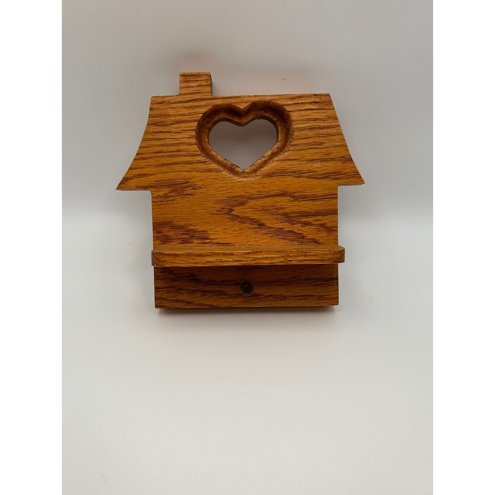Vintage Oak Wood House Wall Shelf Heart Cutout Key Holder Rustic Cottagecore